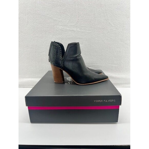 Vince Camuto Delsimba Black Pointed Toe Bootie Size 6.5 Wooden Heel - Picture 4 of 6